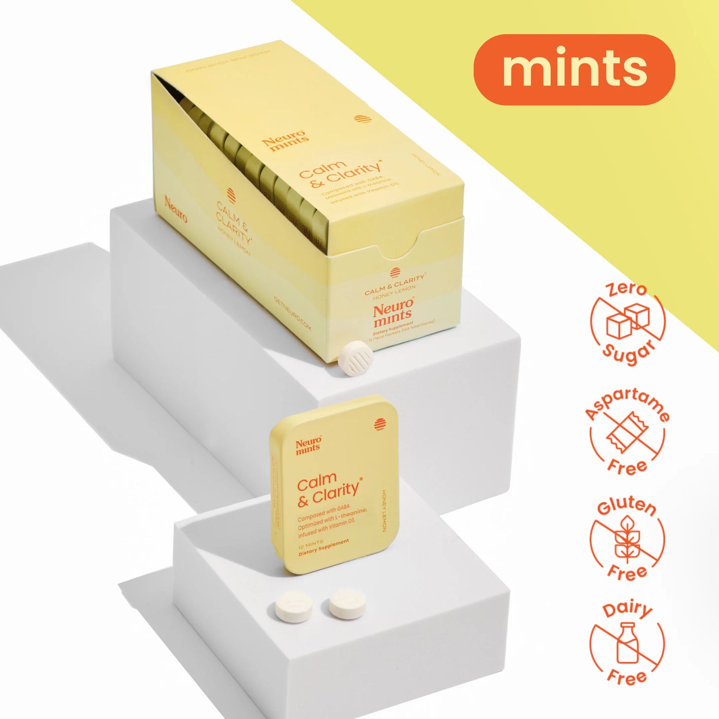 Single tin of Calm & Clarity mints next to a 12 pack, showcasing the product packaging and branding.