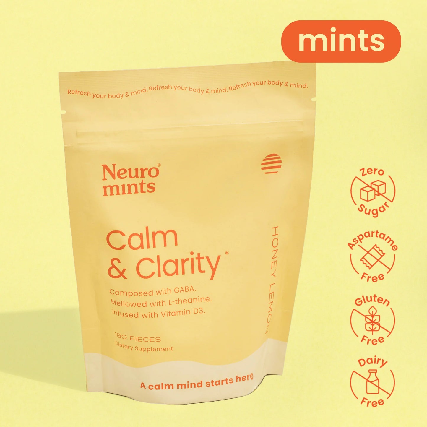 Bulk bag with 180pcs of Calm & Clarity mints, showcasing the product packaging and branding.