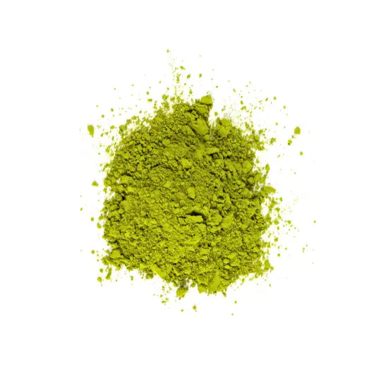 Vibrant lime green matcha powder, rich in natural L-theanine, placed on a white background.