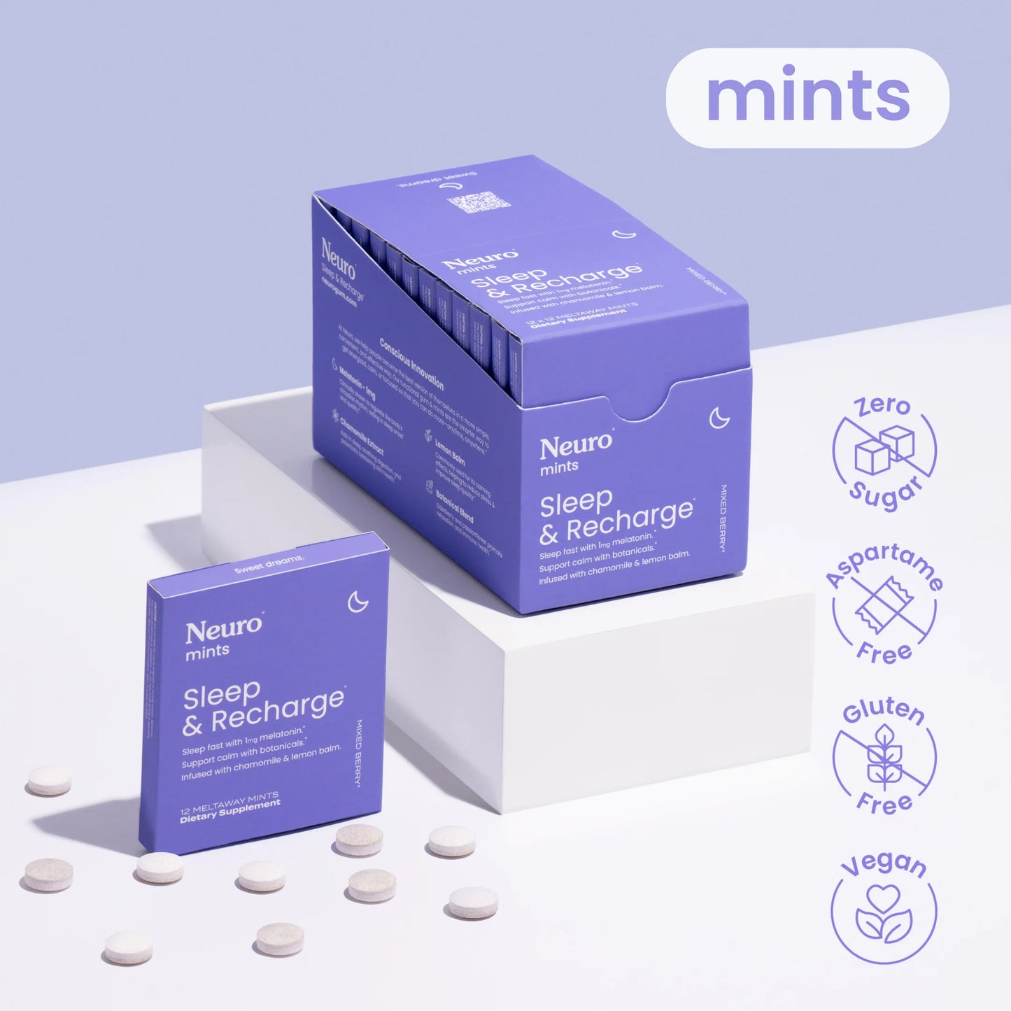 Single pack of Sleep & Recharge mints next to a 12 pack, showcasing the product packaging and branding.