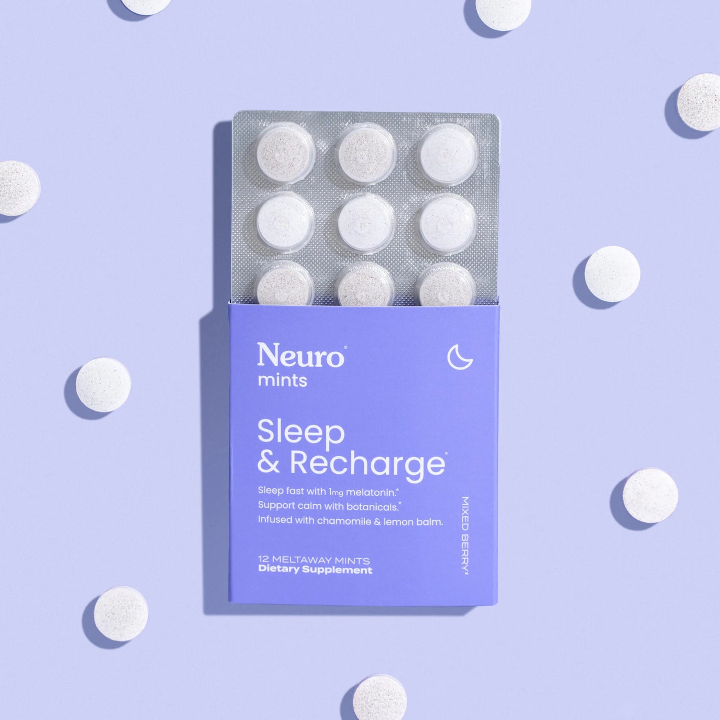 Open blister pack of Sleep & Recharge mints, showcasing the product packaging and branding.