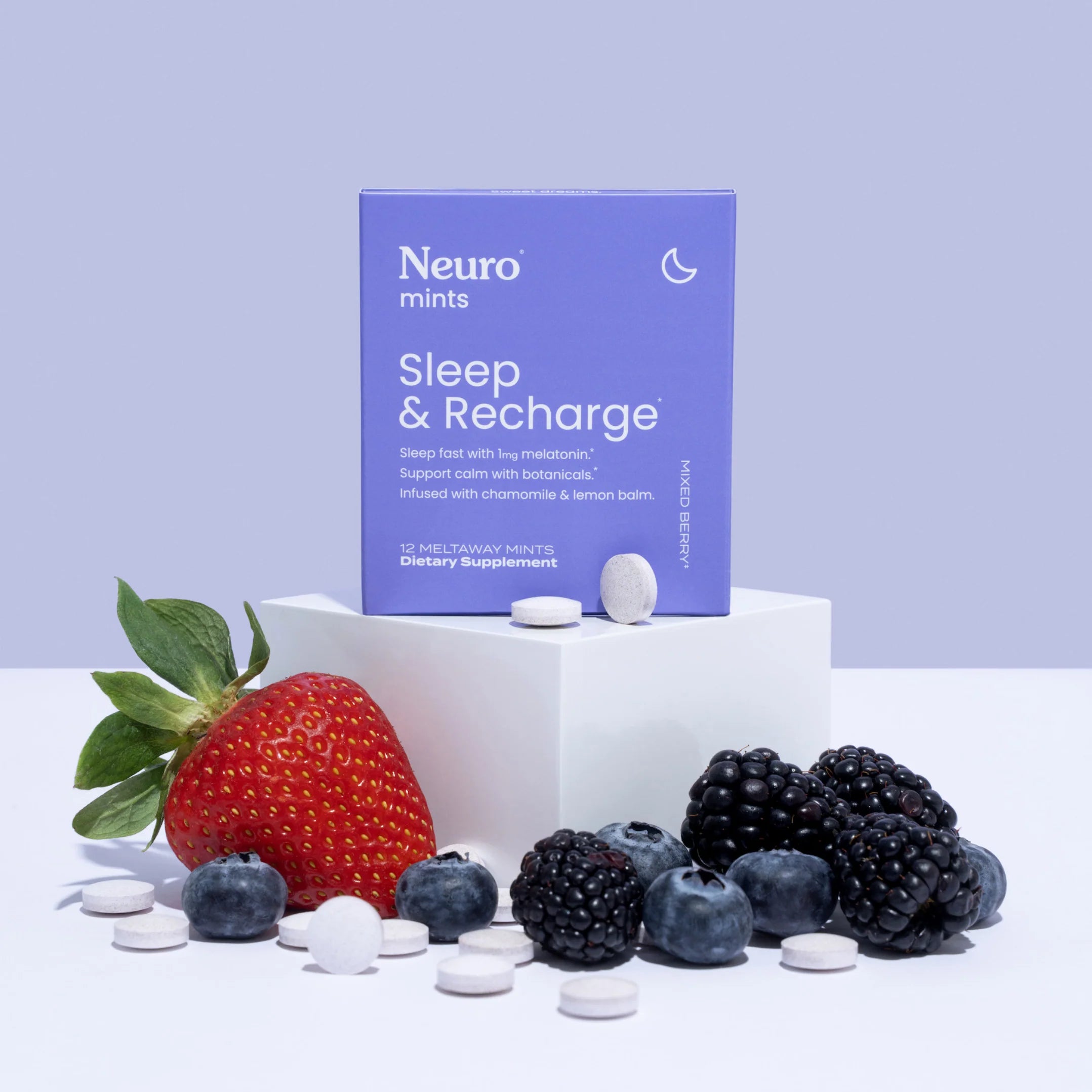 Sleep & Recharge single pack displayed on pedestal with fruit positioned below.