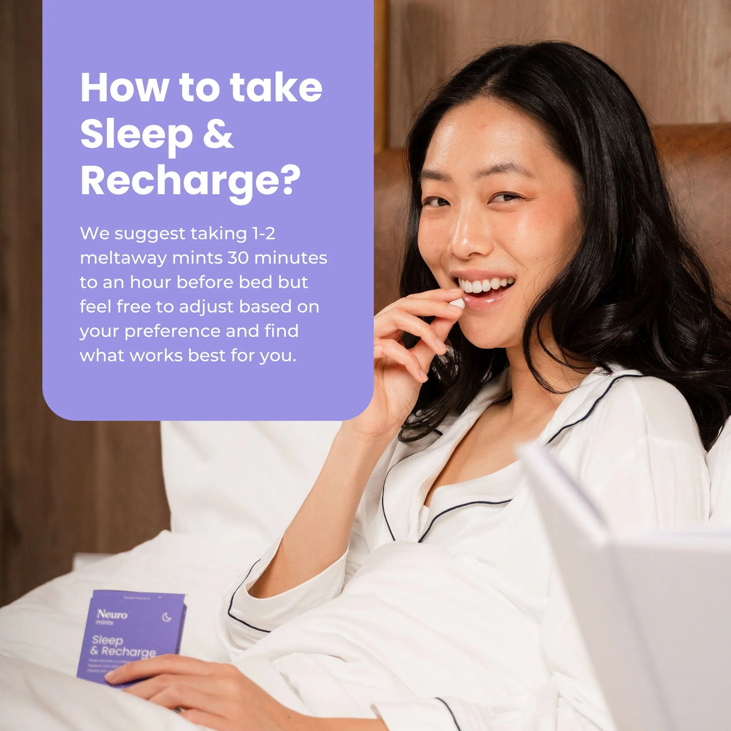 Woman in bed holding a Sleep & Recharge mint. Text explains taking 1–2 mints 30–60 minutes before bed.