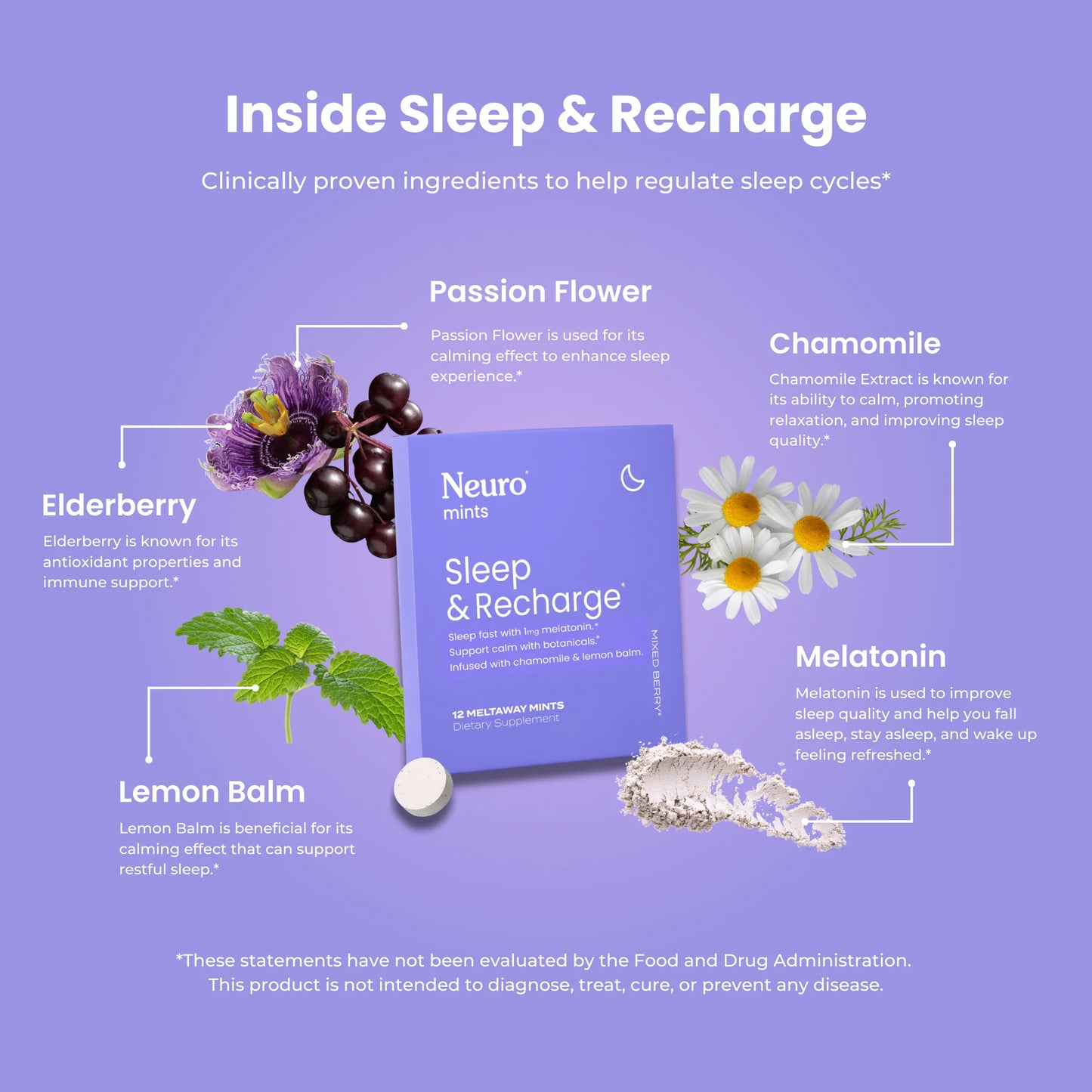 Sleep & Recharge pack showing key ingredients: melatonin, chamomile, passion flower, lemon balm and elderberry.