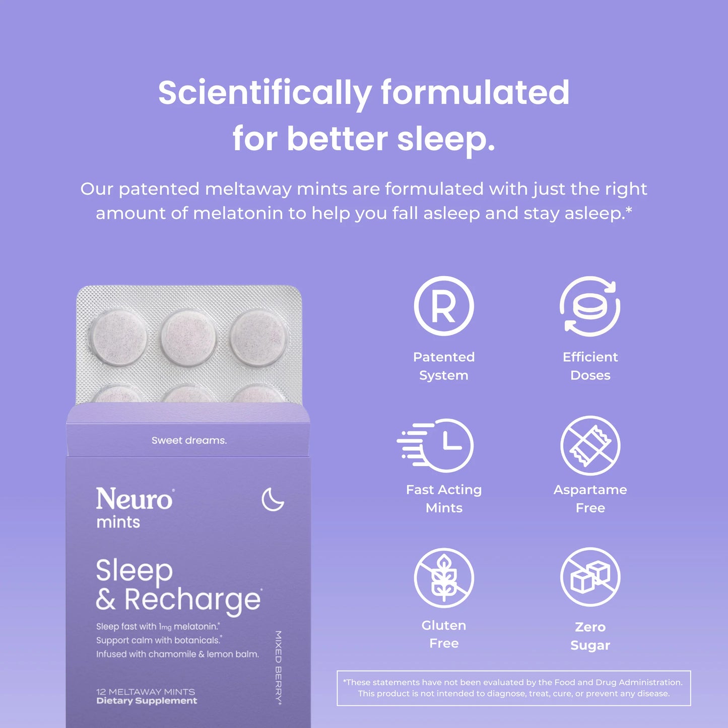 Open blister pack with Sleep & Recharge mints. Text highlights its patented melatonin formula for better sleep.
