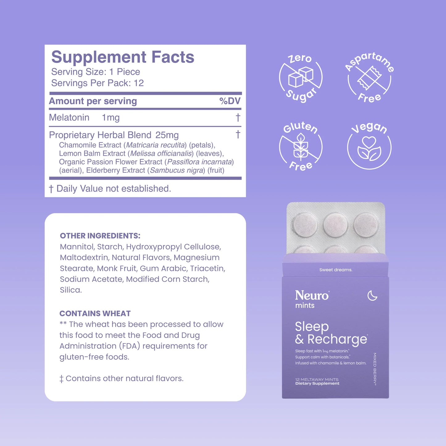 Label with supplement facts, serving size 1pc, 12 servings per pack, next to an open blister pack of Sleep & Recharge.