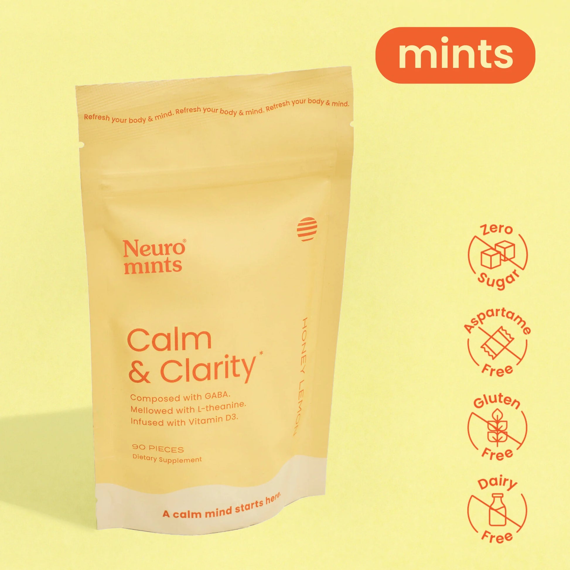 Bulk bag with 90pcs of Calm & Clarity mints, showcasing the product packaging and branding.