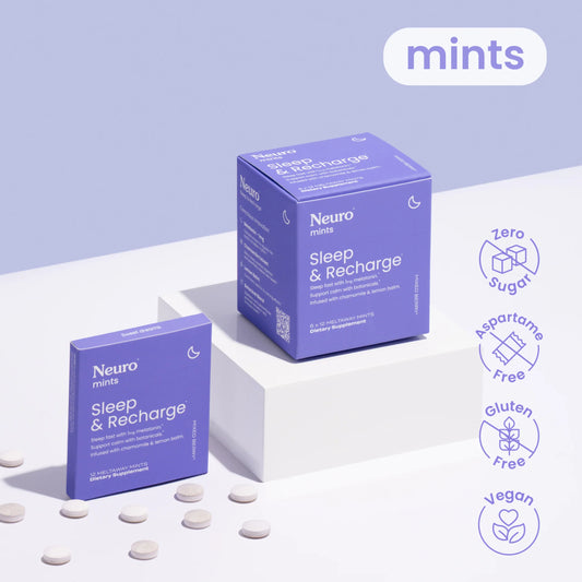 Single pack of Sleep & Recharge mints next to a 6 pack, showcasing the product packaging and branding.